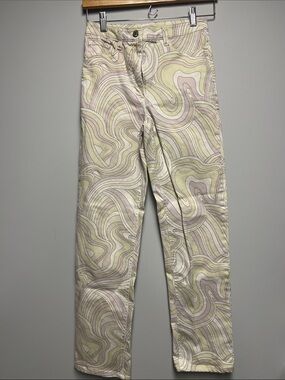 Aritzia Women's Straight Leg Jeans in Pale Green and Light Pink Swirl